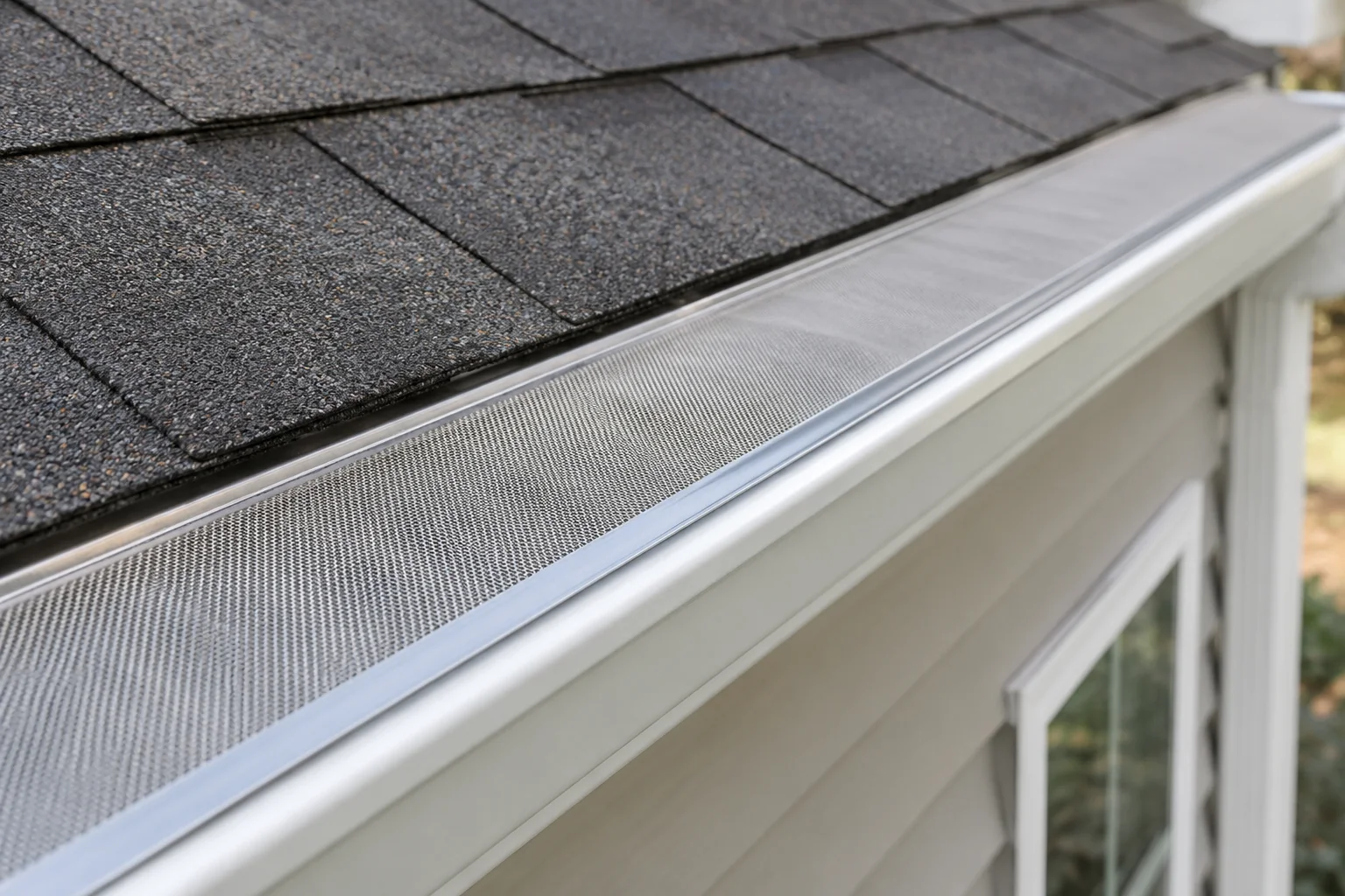 Close-up of a fine micro-mesh gutter guard fitted along the edge of an asphalt shingle roof